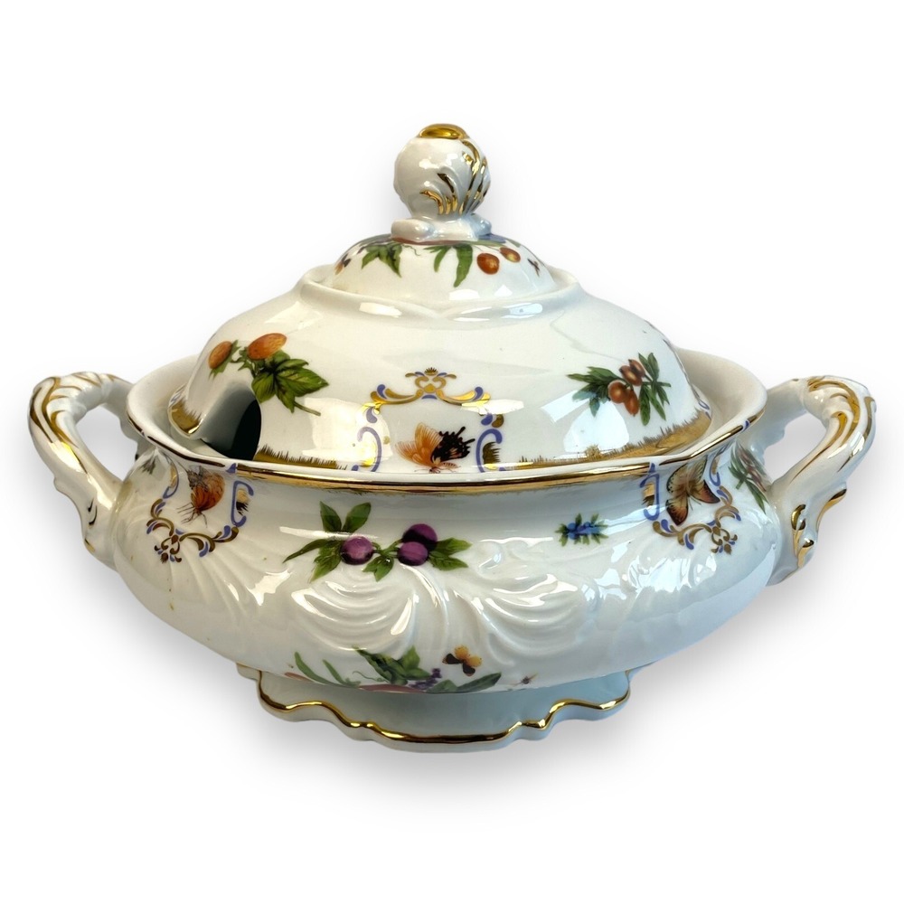 Vintage Godinger & Co Porcelain Soup Tureen Fruit Butterfly Gold Trim Lid